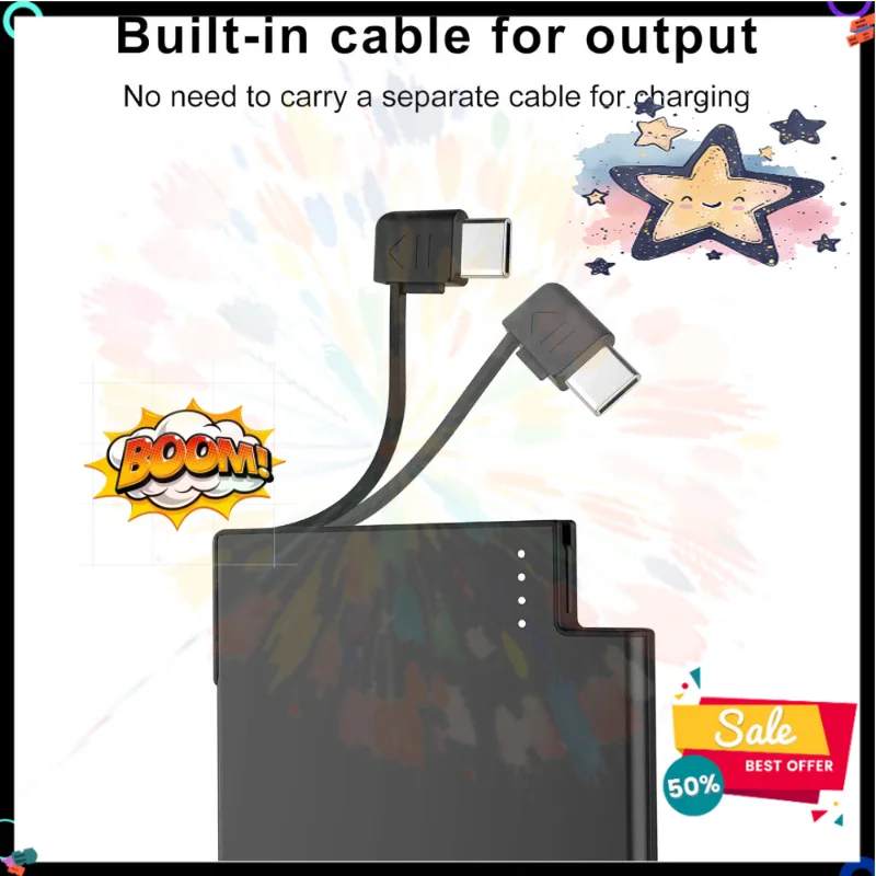SWZY 2650mAh For IPhone Xiaomi Redmi Mini Portable Card Slim Power Bank 4mm Ultra-thin Type-c Built-in Cable Backup Battery
