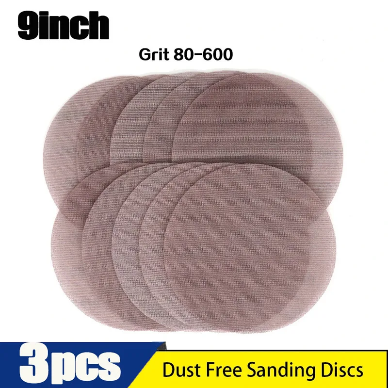 3pcs 9 Inch 220mm Mesh Abrasive Dust Free Sanding Discs Dry Grinding Sandpaper 80-600 Grit  Hook and Loop Sand Paper