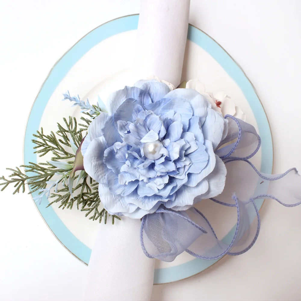 6PCS Simulation Eucalyptus Flowers Napkin Buckle, Pink Rose Napkin Rings, Festival Wedding Party Holiday Table Decoration