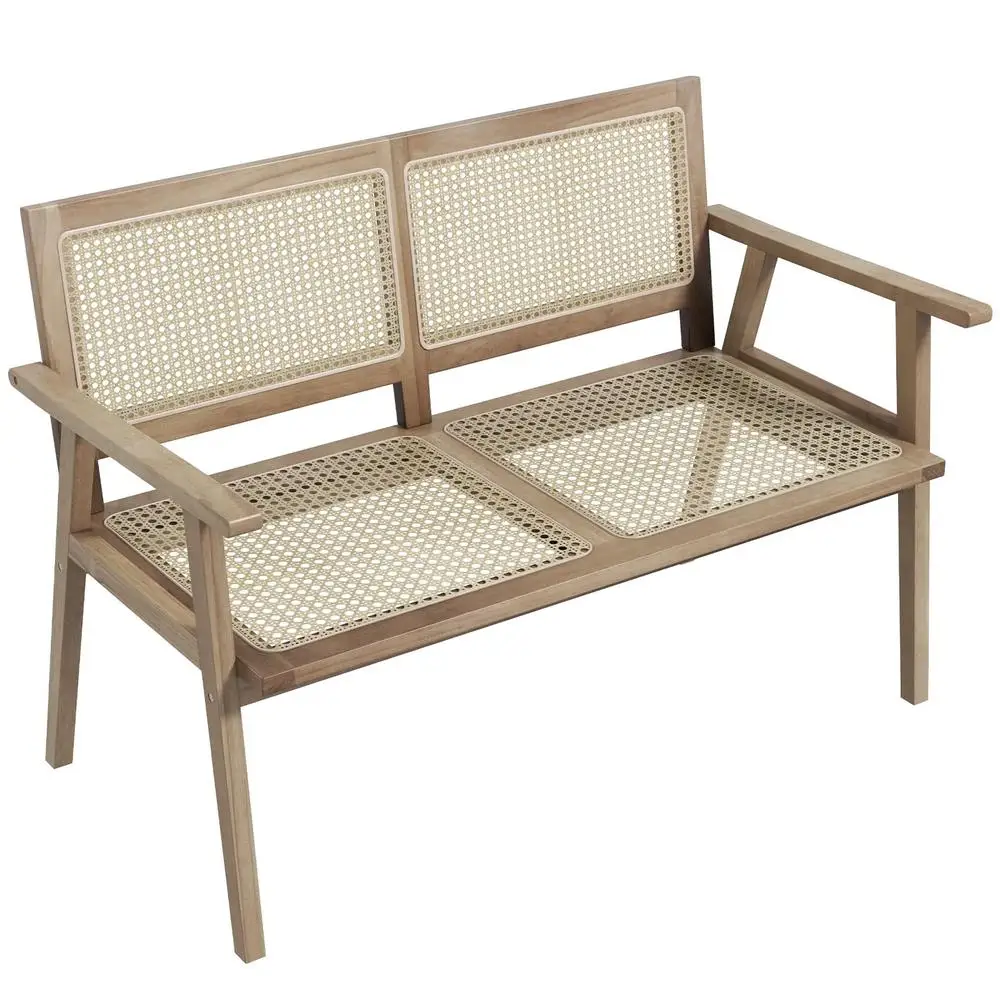 Teak Wood 2-Person Garden Bench with Rattan Backrest & Armrests Patio Porch Balcony Seat Sturdy Outdoor Furniture Togetherness