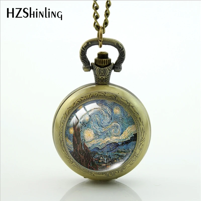 Vintage Van Gogh Paintings Starry Night Pocket Watch Round Glass Cabochon Handcraft Necklace for Women Men