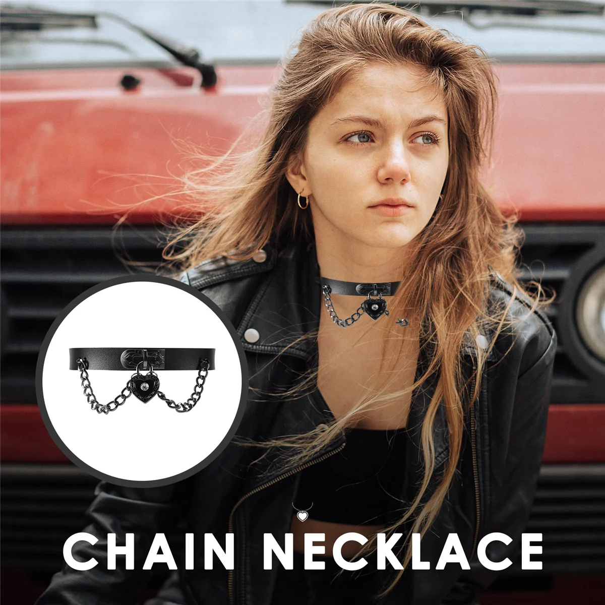 ABQR Leather heart pendant chain necklace Gothic Punk Choker Black