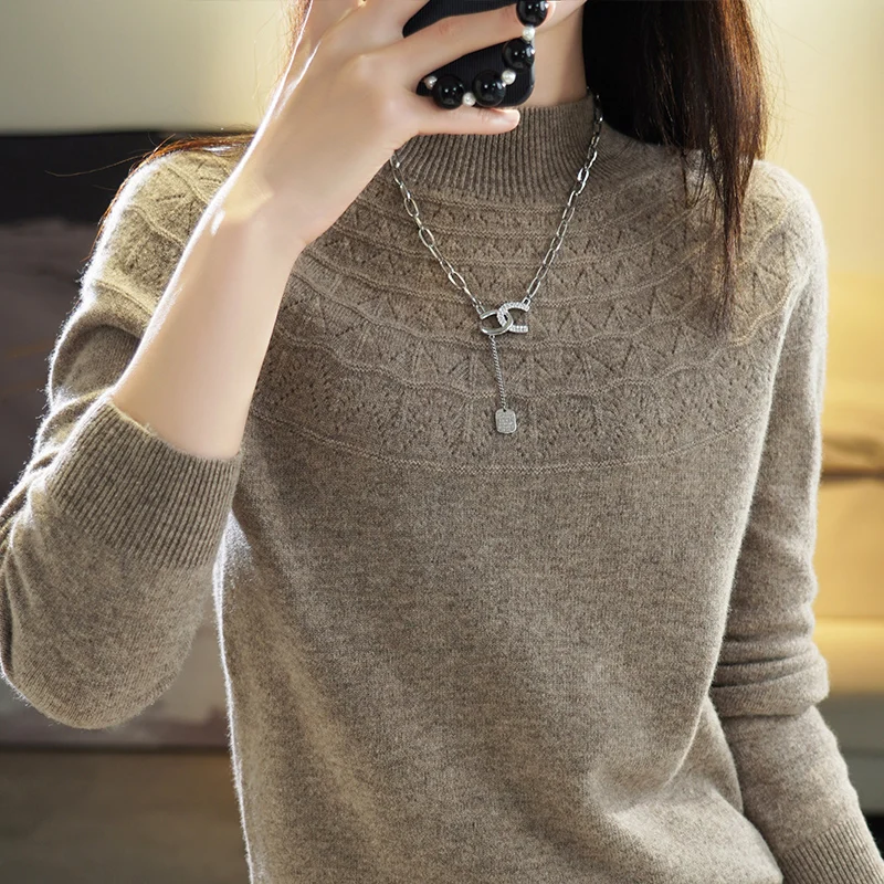 Autumn and winter 2022 hollowed out half high collar pullover 100% cardigan women\'s solid color casual long sleeve fashionable