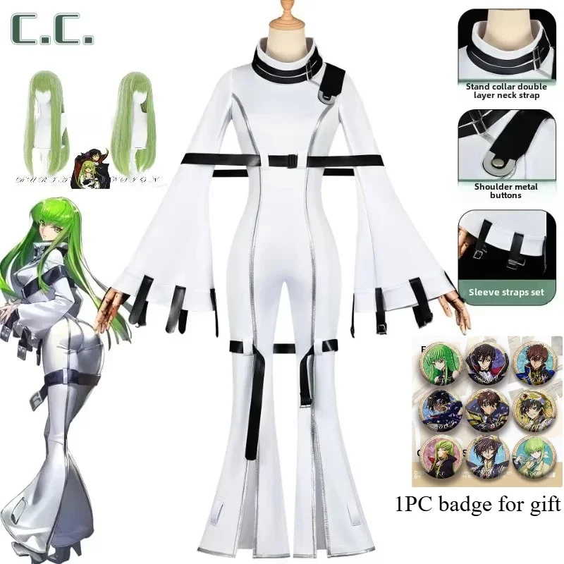 Anime Code Geass Queen Cc Cosplay Costume Women overalls Green Wig Outfit Uniform C.C. Role Play Clothes for Carnival Party