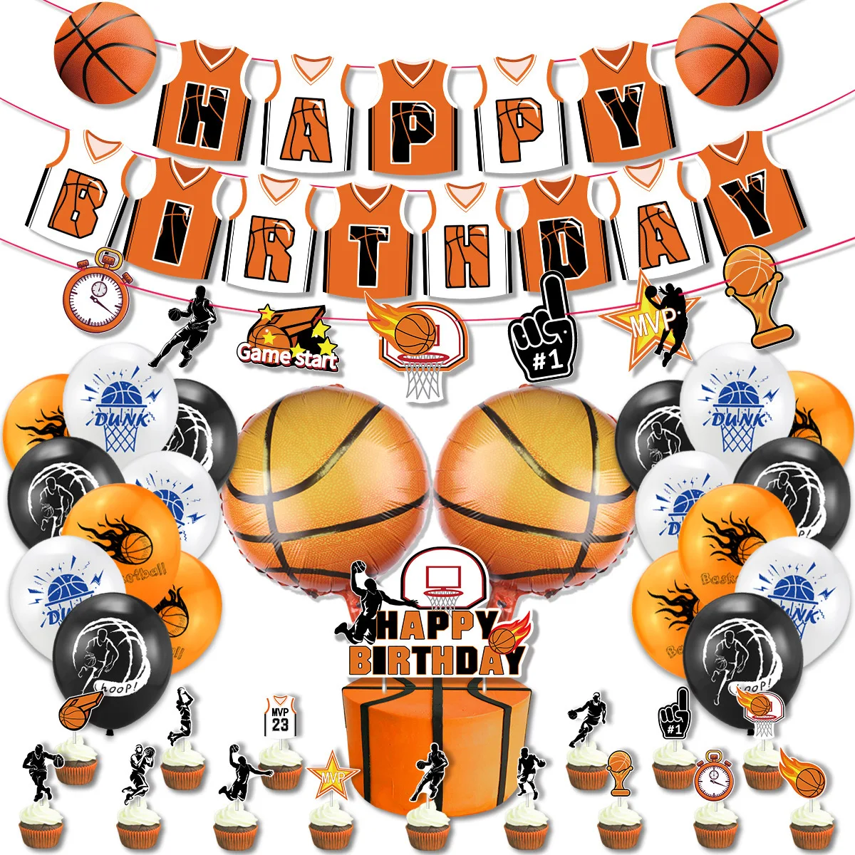 

Basketball theme birthday party decoration basketball uniform birthday flag cake balloon set layout supplies