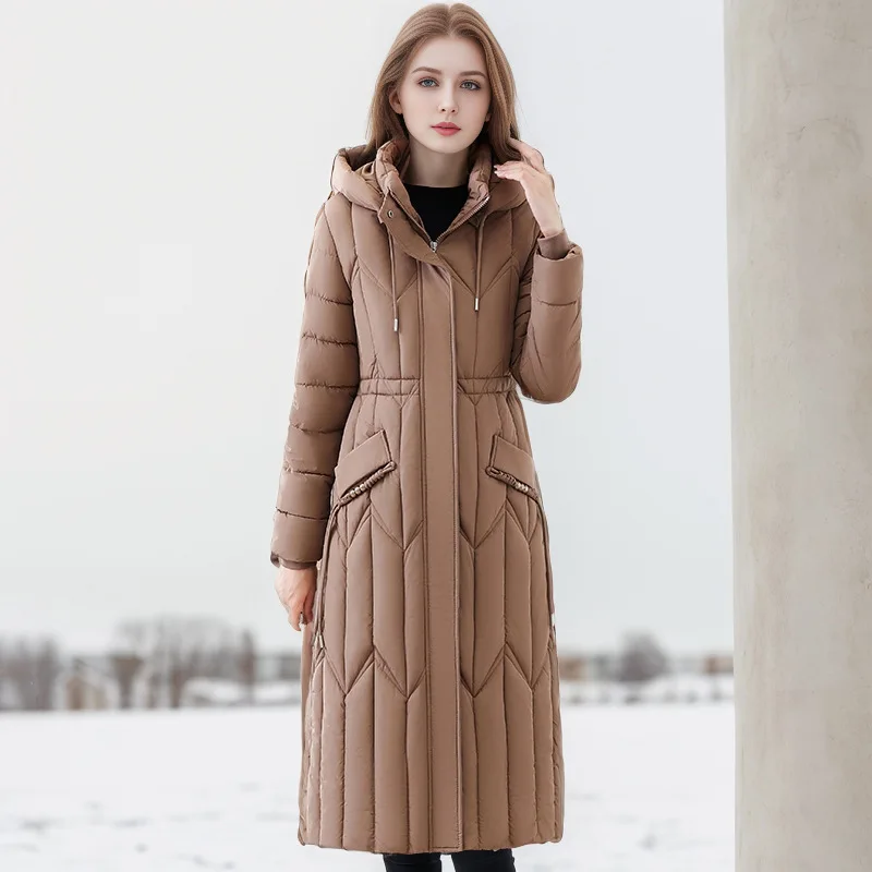 Slim Fit Women's Winter Quilted Jacket Geometric Print Spliced Zipper Fly Hooded Coat For Female Long Windproof Lady's Jacket