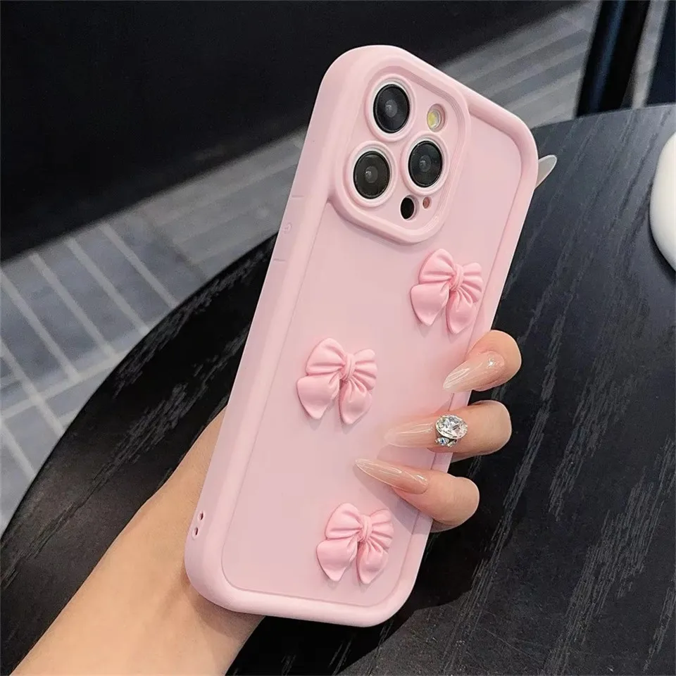 3D Cute Pink Bowknot Solid Color Candy Phone Case For iPhone 11 12 13 14 15 16 Pro Max X XS XR 8 Plus Soft Back Cover