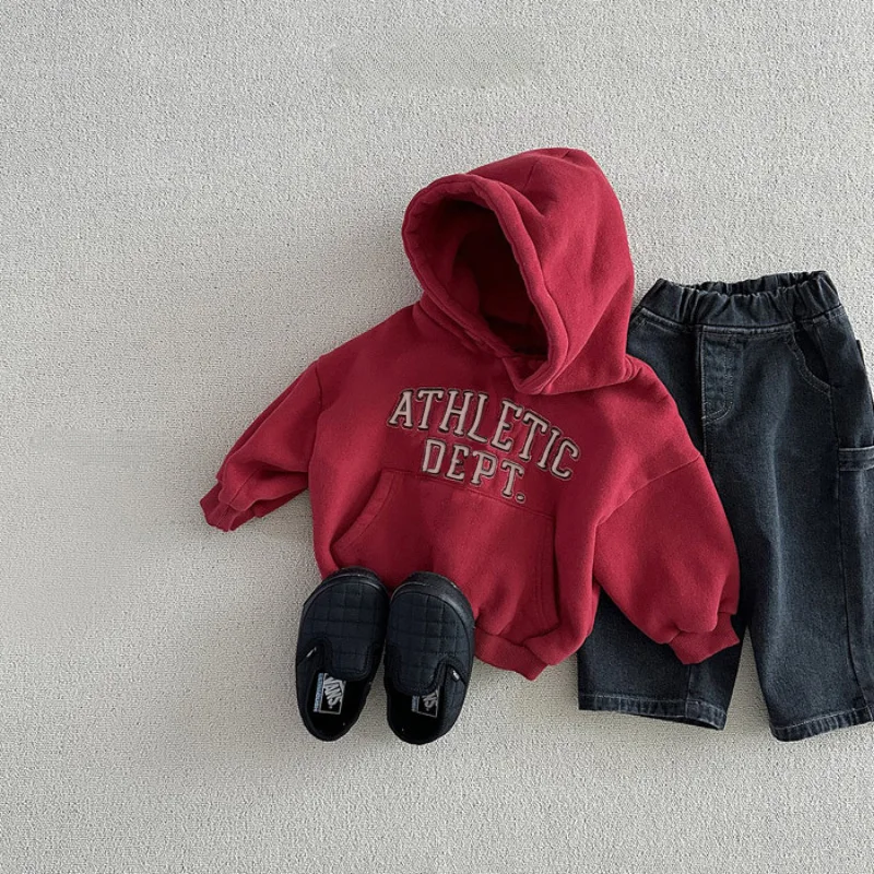 2025, Winter Neue Kinder Hoodie Plus Samt Dicke Mädchen Jungen Buchstaben Mit Kapuze Sweatshirt Baby Warme Fleece Tops Kinder Casual Kleidung – Detail 3