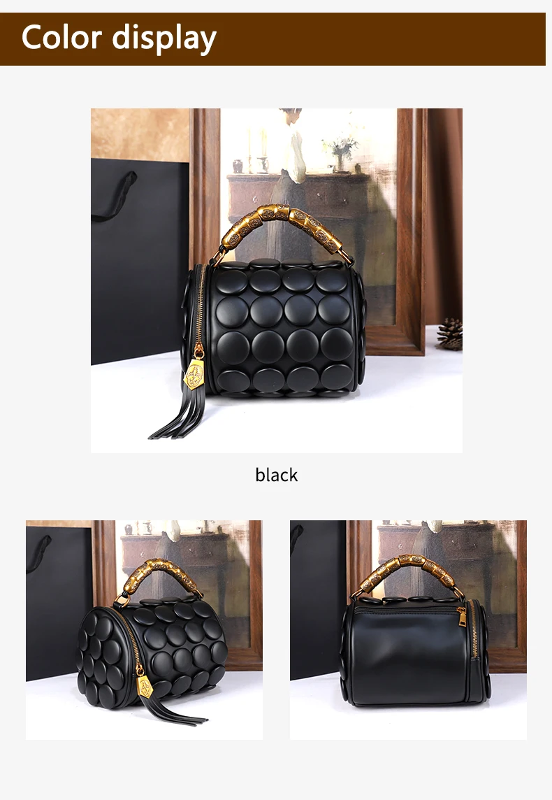 2026 Neues Design Damen Retro-Knopf-Lederhandtaschen Luxuriöse High-End Runde Röhrenförmige Bucket Bag Neue Mode Schulter-Umhängetasche – Detail 3