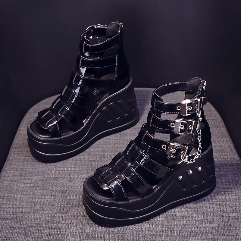 Ladies Sandals 2022 Summer Fashion Wedge Heels High Heels Gothic Punk Platform Shoes Ladies Comfortable Zipper One-Line Buckle