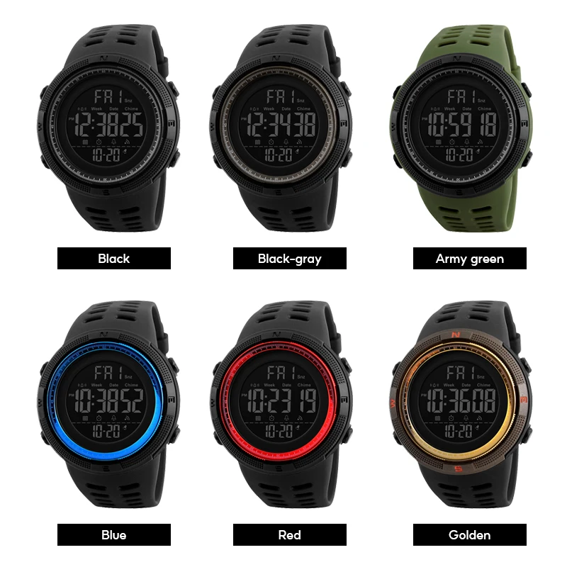 SKMEI jam tangan multifungsi pria, arloji mode luar ruangan olahraga Alarm Chrono 5Bar jam Digital tahan air