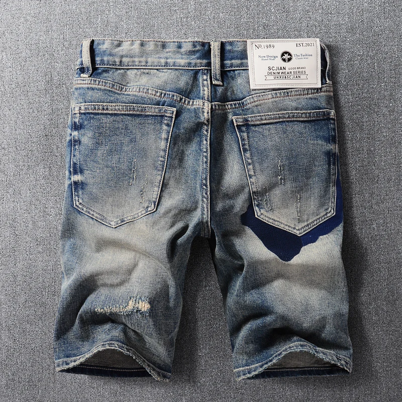 Summer Fashion Men Jeans Retro Blue Washed Elastic Patched Designer Vintage Ripped Short Jeans Homme Hip Hop Denim Shorts Men
