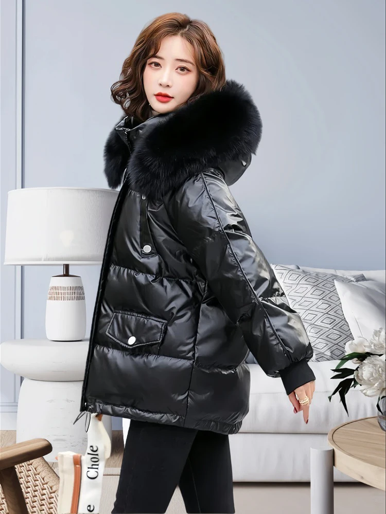 2024 New Korean Fashion Bright White Duck Down Loose Women's Down Jacket Winter Warm Hooded Solid Color Women's Down Jacket