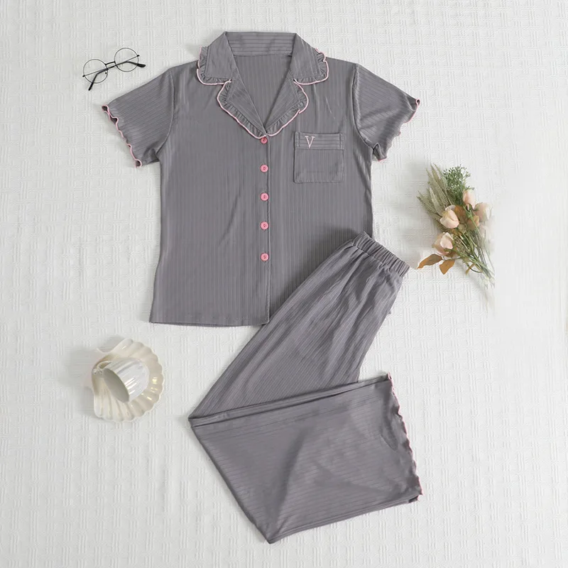 

Весенне-летний дышащий комплект, женский кардиган с острым воротником, брюки, повседневная домашняя одежда, пижамные комплекты с короткими рукавами из 2 предметов, одежда для дома