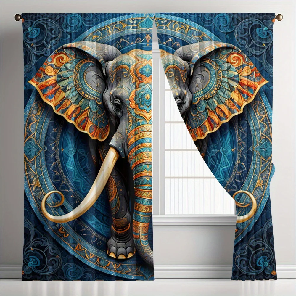 Bohemian Elephant Mural Curtain Blue Tropical Jungle Art Window Drapes Decorative Wall Screen Home Decoration Panels
