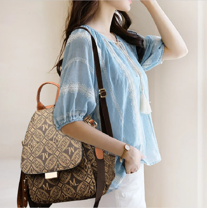 2025 New Fashion Vintage Printed Leather Backpacks Women's Luxury Large Capacity Shoulder Bags Crossbody Bag School Bag Backpack