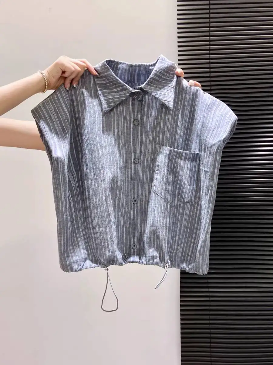 

2026 New Summer Women Striped Drawstring Ruched Sleeveless Shirt Padded Shoulder Polo Neck Cropped Loose Top Streetwear