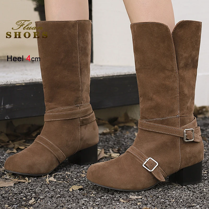 

2025 Winter Camel Color Women's Mid-calf Boots Suede Block Heels 4cm Belt Buckle Flip Over Ladies Boots Round Toe Slip On Shoes