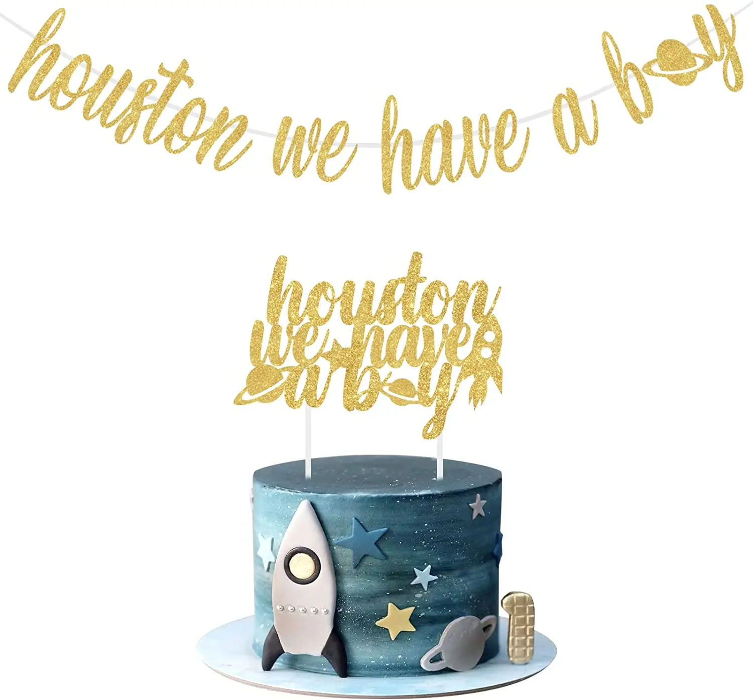 

Outer Space Baby Shower Decorations, Glitter Houston We Have A Boy Banner Cake Topper, Astronaut Galaxy Planets Party Supplies