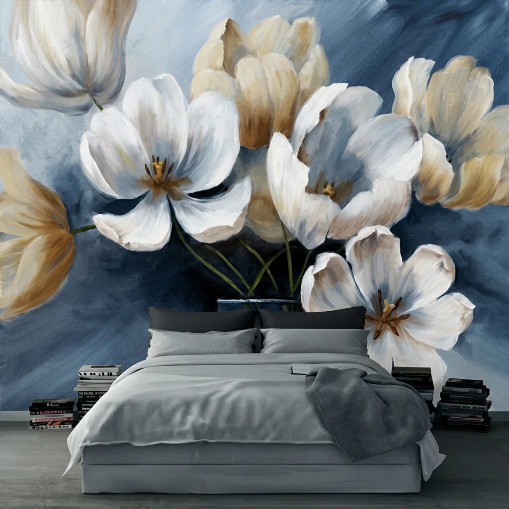 Ultra-dimensional oil painting floral custom mural, removable custom adhesive material for bedroom and living room.