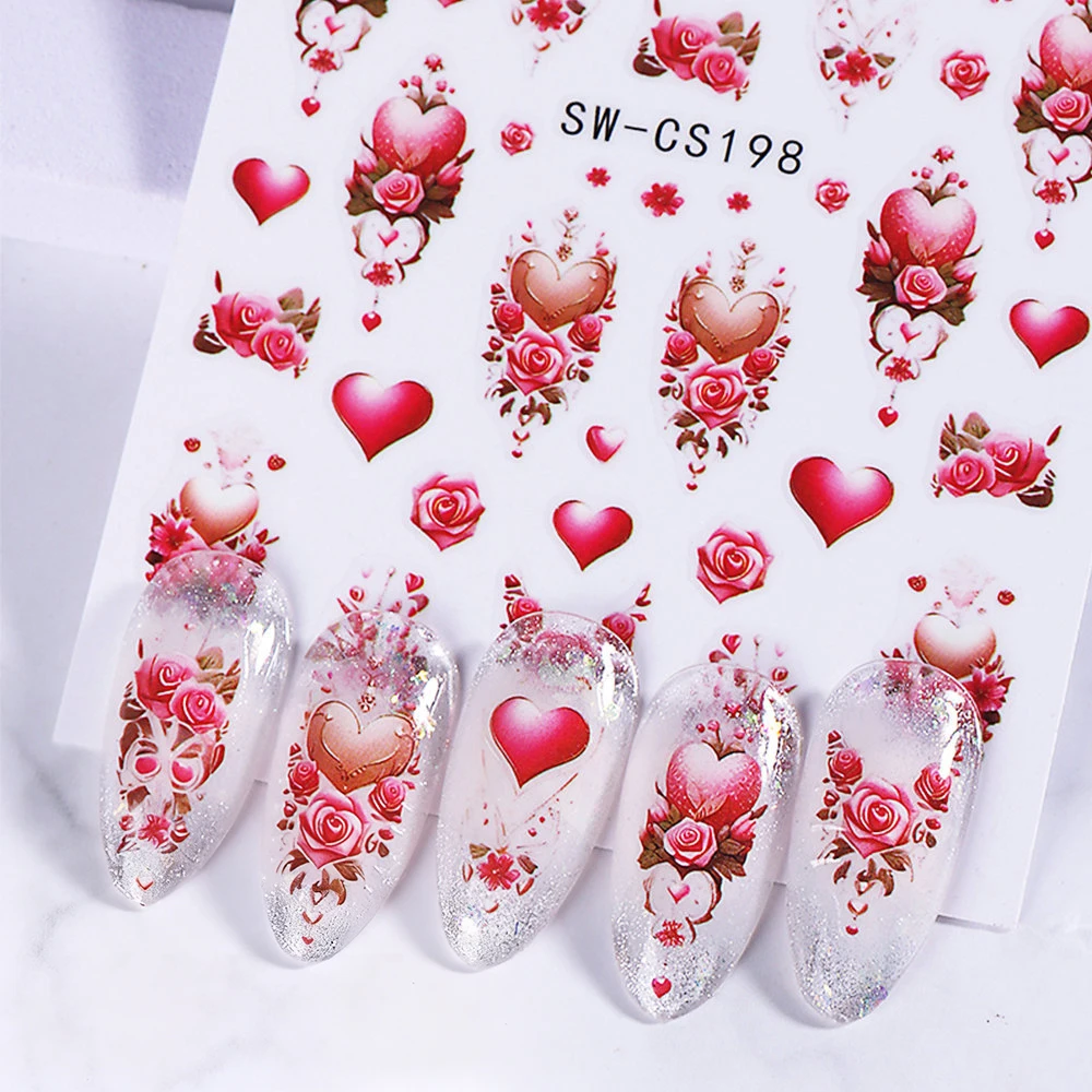 3d coração vermelho dia dos namorados decalques da arte do prego amor rosa romântico auto-adesivo etiqueta do prego diy namorados manicure decoração suprimentos