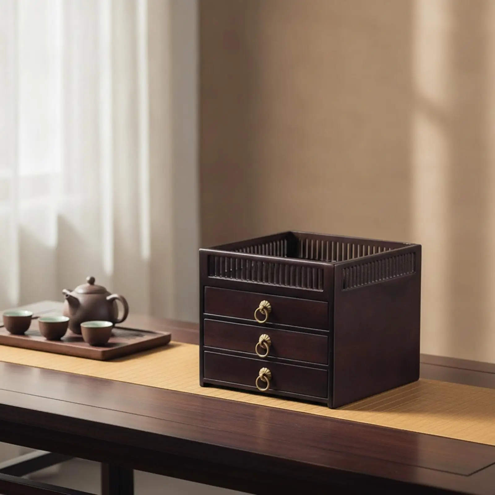 Natural Bamboo Tea Chest Storage Container with Drawer and Brass Accents for Tea Bags and Loose Leaves