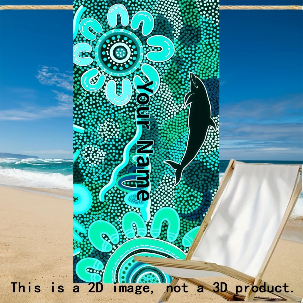 Customize Personalized Turquoise Blue Dolphin & Turquoise Reef Beach Towel - Custom Name/Text, Turquoise Microfiber Bath Towel w