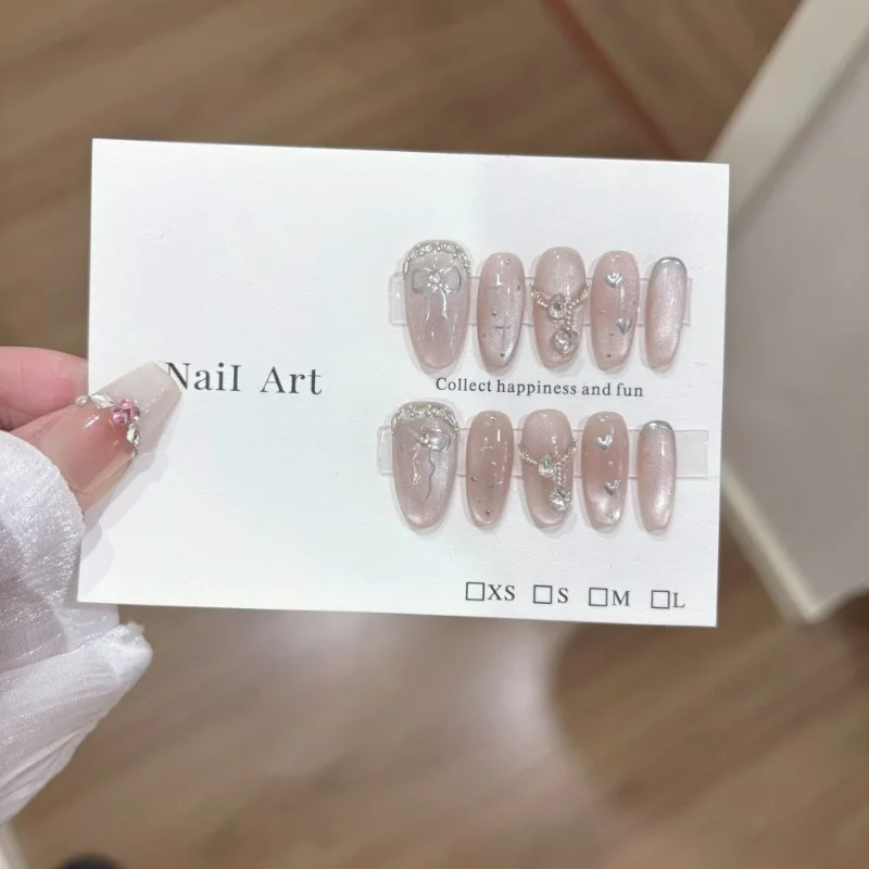 10 قطع الربيع بسيطة الحلو الأبيض ضوء القمر مزاجه القط العين اليدوية الصحافة على الأظافر القوس مجموعة الماس الأظافر كاذبة