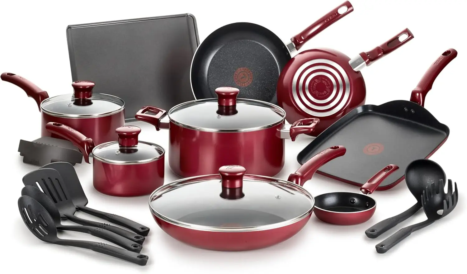 

20-Piece Non-Stick Cookware Set in Red, Easy Cooking and Cleaning