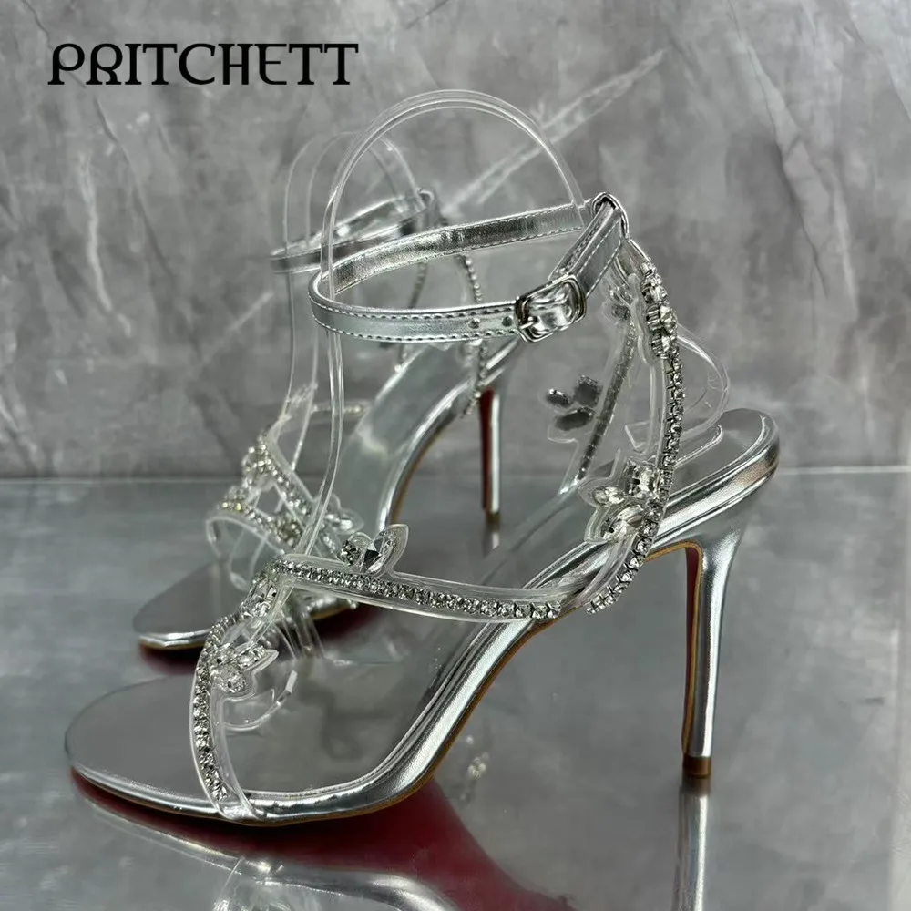 

Rhinestone Transparent Strap Sandals Silver Ankle Buckle Strap Temperament High Heel Sandals Plus Size Women's Shoes