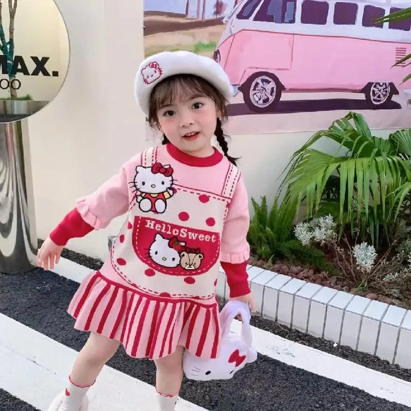 Cartoon Sanrio Child Dress Cute Baby Hello Kitty Beret Girl Sweet Exquisite Princess Style Knitting Long Sleeves Sweater Dress