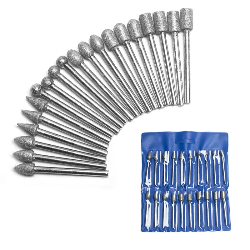 20pcs Diamond Grinding Heads Mini Bit For Rotary Drill Tool Burrs Grinding Accessories 3mm Shank Tools Kit Abrasive Tool