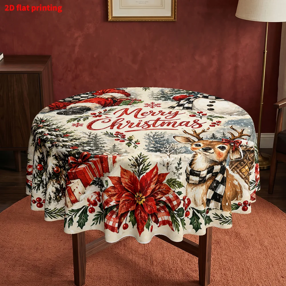 Pack of 1, 2D flat print round tablecloth, Merry Christmas Santa snowman reindeer print