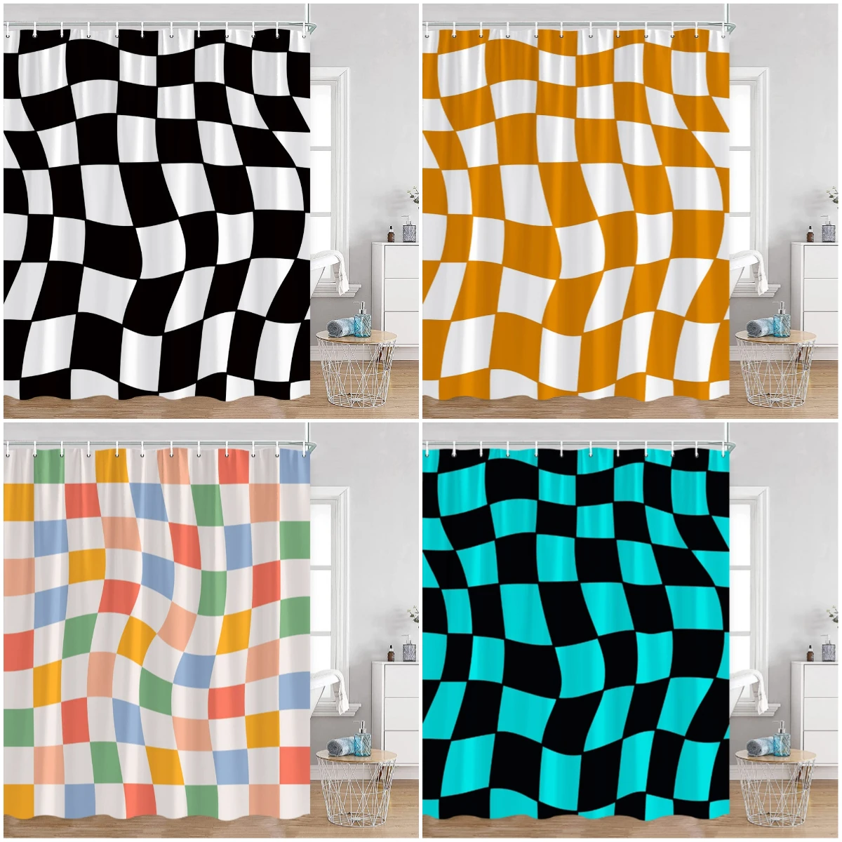 Colorful Checkerboard Shower Curtain Black White Blocks Distorted Chess Board Bathroom Curtain Modern Abstract Bath Decorations
