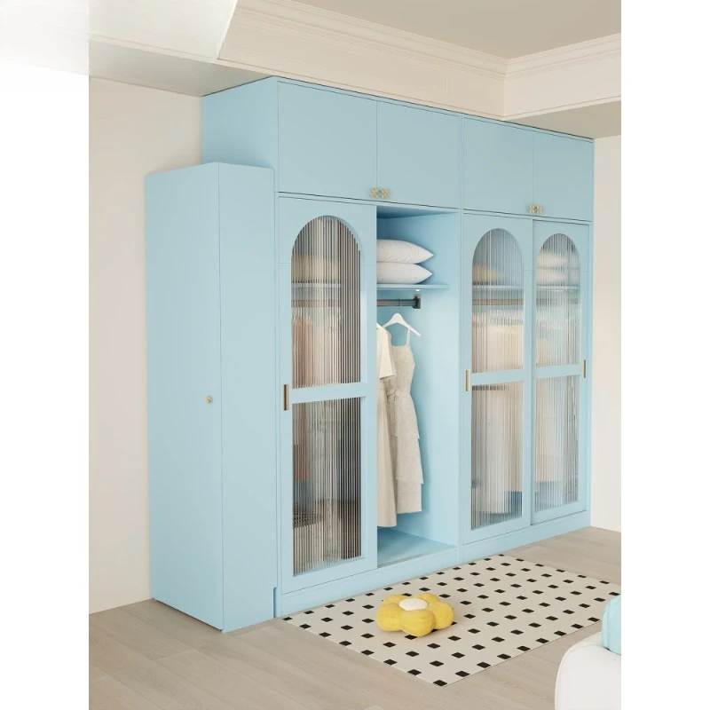 

Blue cream style wardrobe bedroom clothing storage cabinet push pull combination French to top sliding door high