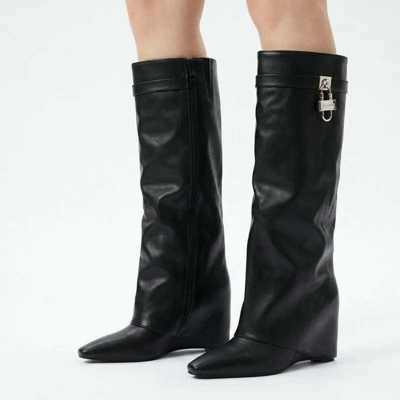 Womens Wedge Heel Slouch Knee High Boots Metal Lock Buckle Side Zip Wide Calf PU Leather Long Boots Black Red Thigh High Booties
