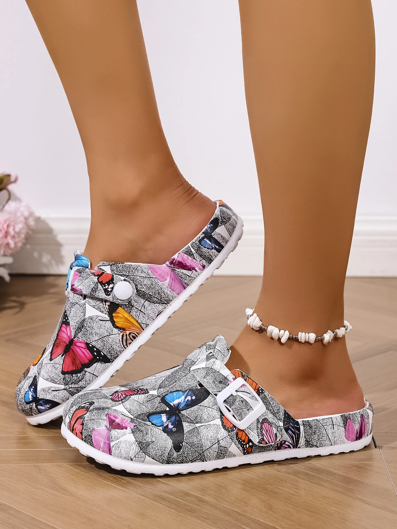 Neue modische Damen-Slipper, elegante schwarz-graue Schmetterlings-Wasserzeichen-Keilabsatz-Pantoffeln mit strapazierfähiger, weicher Sohle, bequem – Detail 2