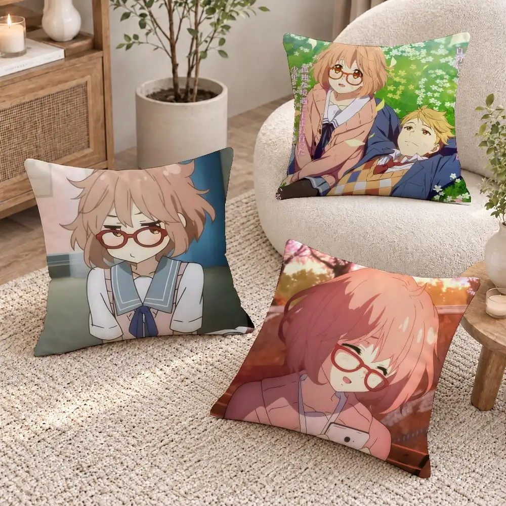 Hot Anime Beyond Boundary Cushion Cover Short Plush Pillow Cover, Washable Wrinkle-Resistant for Sofa Bedroom Decor Gift