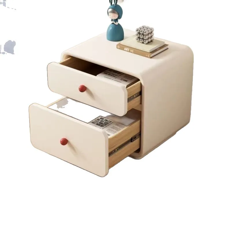 Cream wind solid wood bedside table Modern simple Italian light luxury bedside table Bedroom leather Internet celebrity bedside