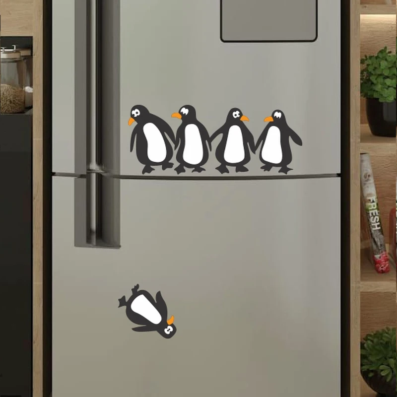 T82# Funny Penguins Refrigerator Wall Sticker Kids Room Background Home Decoration Mural Living Room Wallpaper Funny Decal