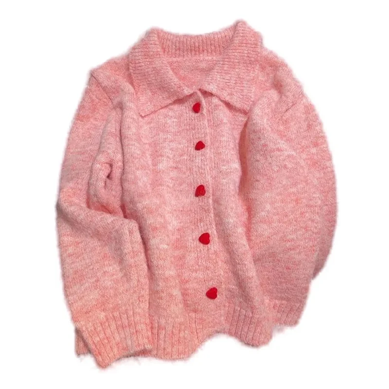 

Spring Pink All Match Polo Collar Sweater Jacket for Women's Autumn and Winter New Gentle Style Knitted Cardigan Top