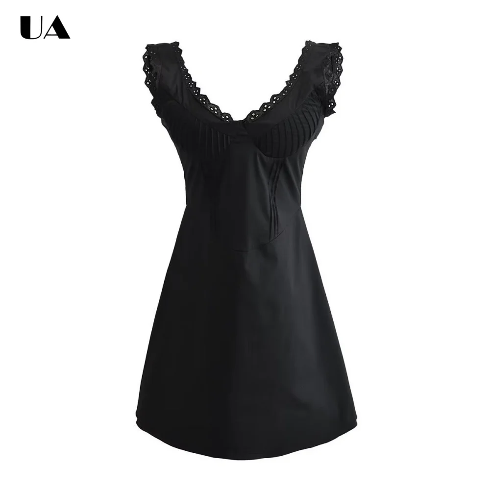 

Fashionable Hollow out V-neck Sleeveless Mini Dress, Trendy Fit-and-flare Short Dress for Woman, Hotsweet Ruched Zipped Dress