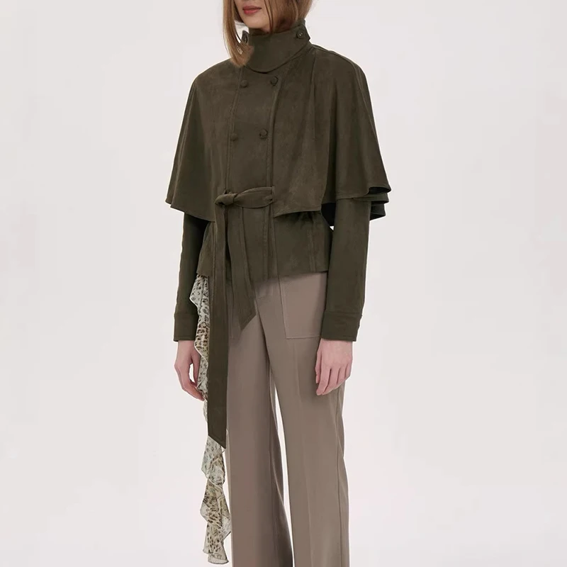 Giacca in Pelle Primaverile, Collo Alto, Doppiopetto, Stile Vintage, con Cintura, Trench Corto in Pelle Scamosciata per Donna