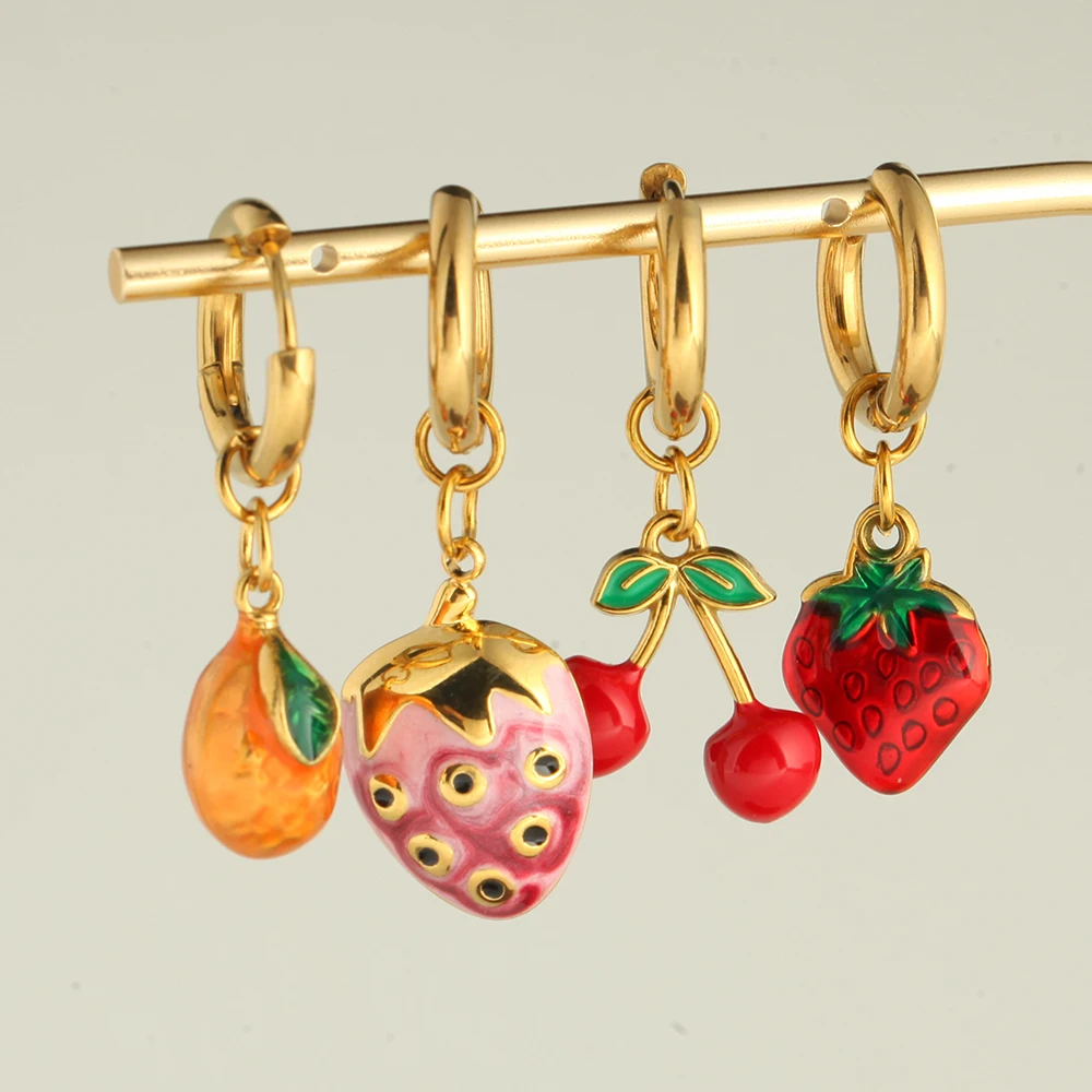 Preciosos pendientes de fruta DIY, pendientes colgantes con colgante de aguacate, limón, cereza, plátano, No se decolora, joyería de acero inoxidable para regalo de mujer