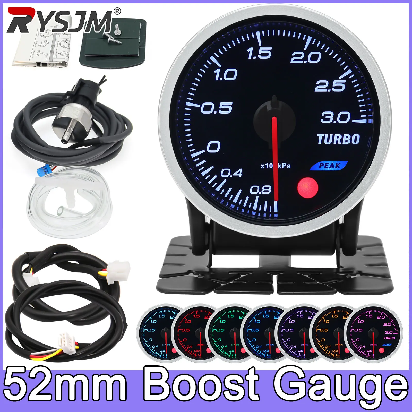 8 Color Backight 52mm Boost Gauge BAR PSI Tacometro Turbo Pressure Gauge Manometre Pression Turbo Fuel Oil Press Oil Temp 12V