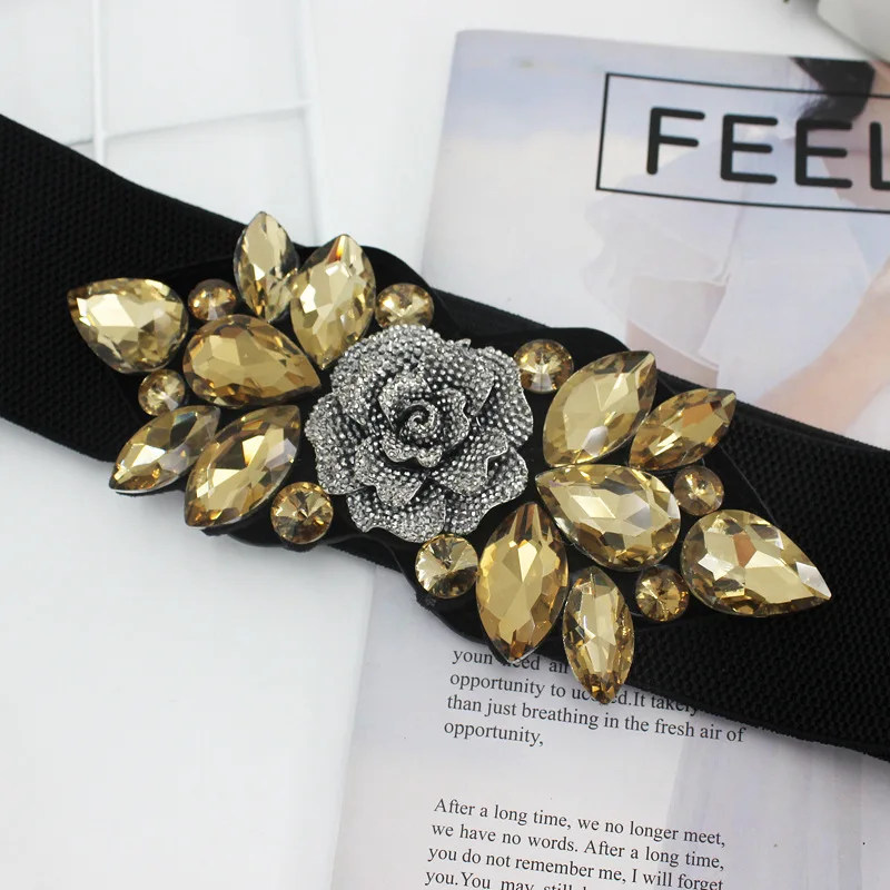 Female Rose Flower Rhinestone Elastic Waistband Women Waist Cinch Band Dress Overcoat Clothing Accessories