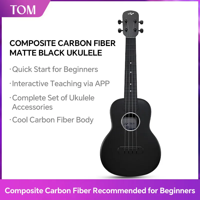 Ukelele de concierto TOM para niños adultos principiantes Ukelele de viaje de fibra de carbono de 23 pulgadas con kit para principiantes con bolsa, selección, correa y cuerdas.