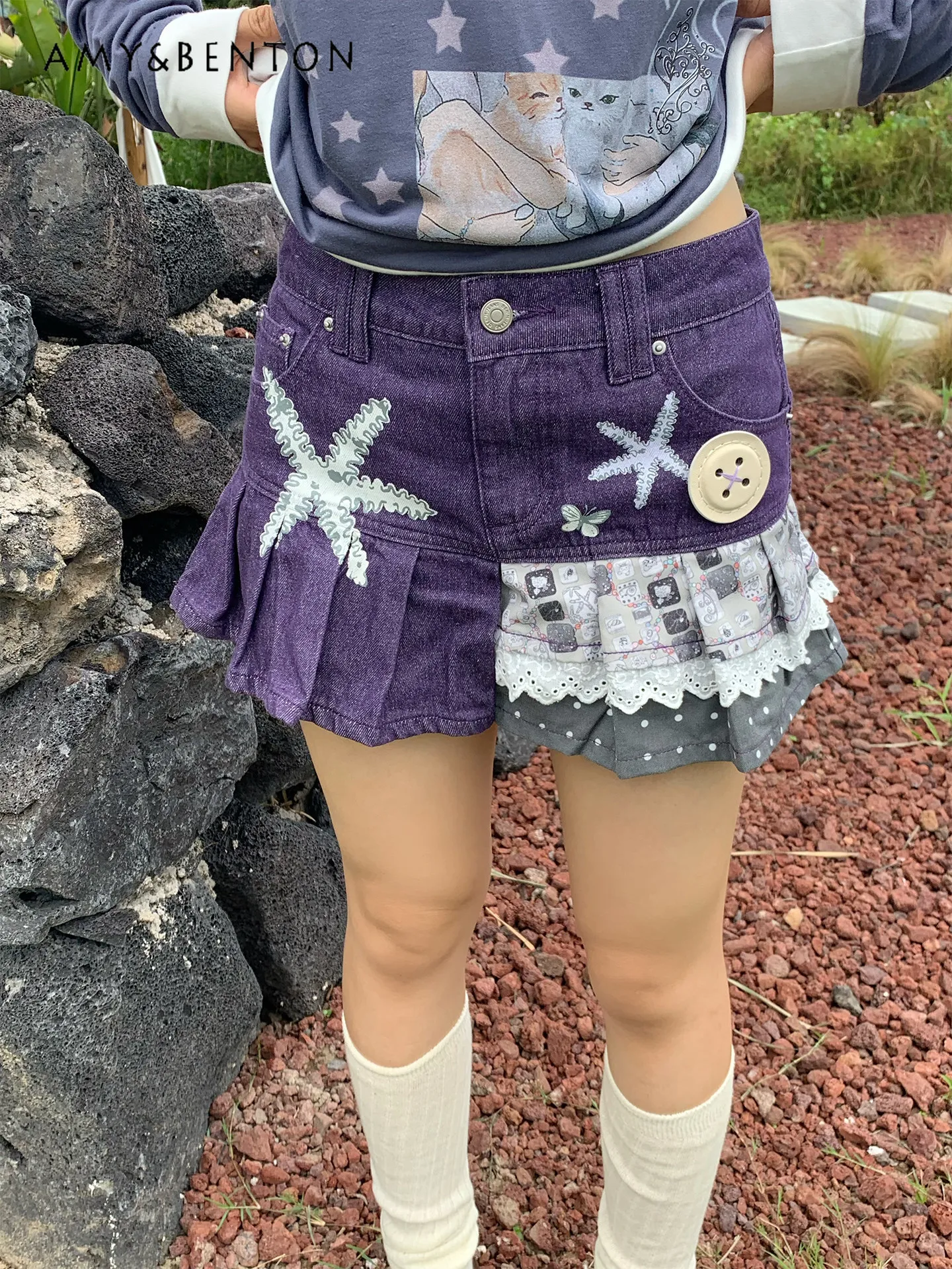 

Summer New Women's Purple and Gray Patchwork High-waisted Loose Casual Versatile Starfish Print Denim Short Skirt