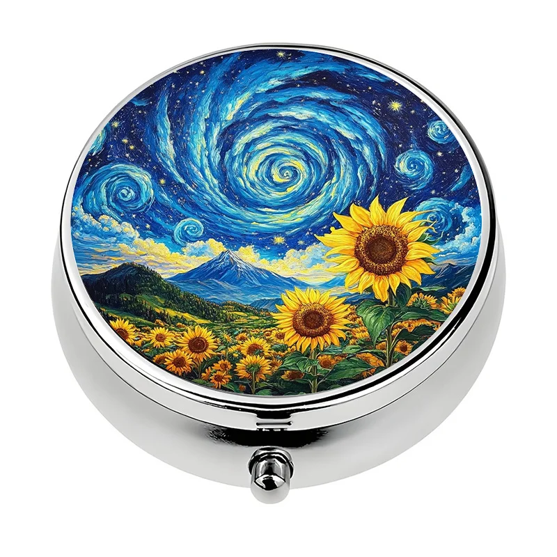 Mini pill box, single-layer design, 3 compartments, starry night and sunflower field designs, compact travel pill box, suitable for storage in a purse or wallet, ideal for outdoor adventures and office use