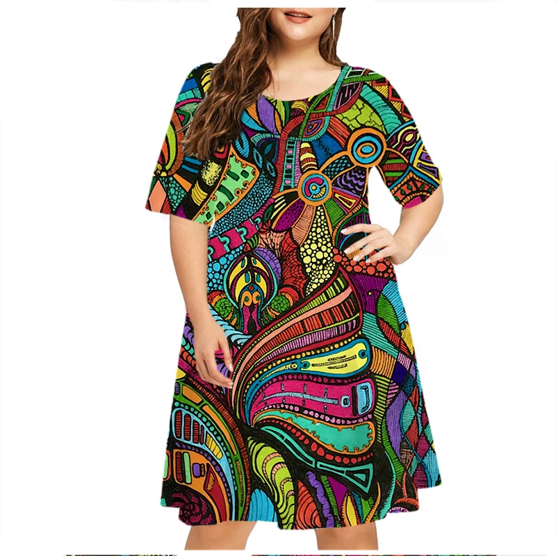 6XL Plus Size Dresses Women Abstract Painted Print Dress Summer Vintage Pattern Short Sleeve A-Line Dress Casual Party Sundress